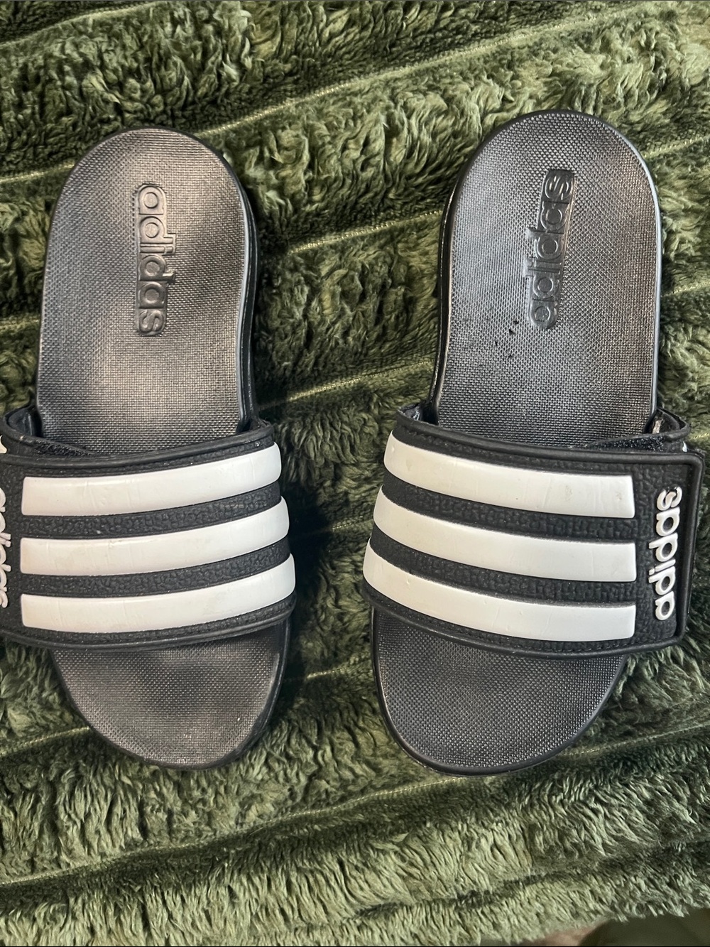 adidas Kids Black Slide Sandals with White Stripes Size 13